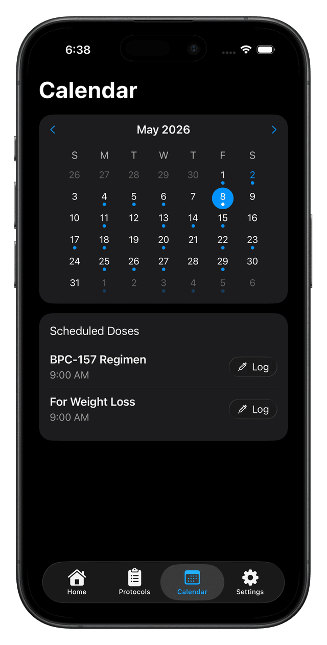 Visual calendar showing all scheduled peptide doses